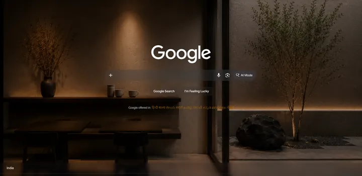 Google's home page with a warm, dimly lit room as its wallpaper, by Wallpaperify.