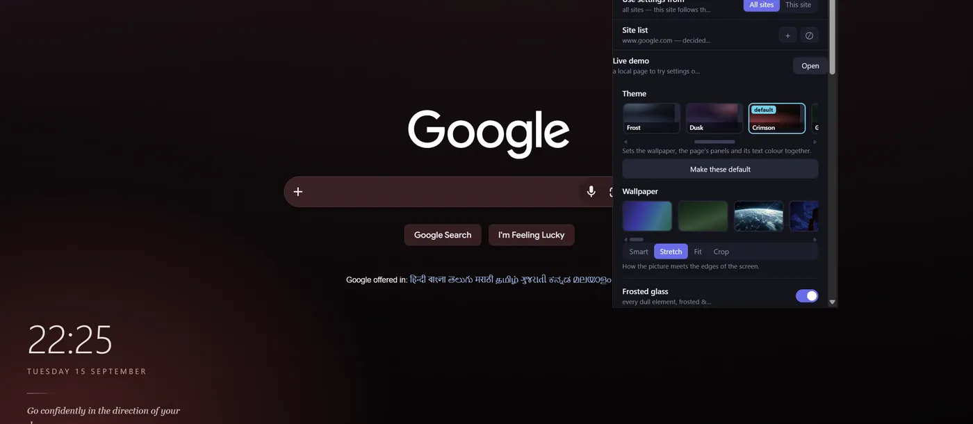 Wallpaperify's toolbar panel open over Google, with its choice of themes, wallpapers and the frosted glass switch.